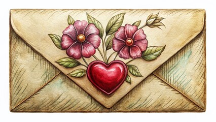 Fototapeta premium Vintage Hand Drawn Ink Sketch: Heart & Flower Envelope - Romantic Postal Illustration