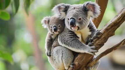 Naklejka premium Mother Koala Carrying Baby in Tree