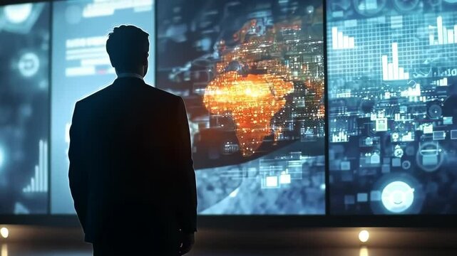 A skilled business executive stands before a digital display, highlighting data analytics and mapping of Africa, showcasing technologys vital role in strategic decisionmaking for market success