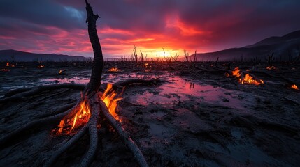 A dramatic landscape at dusk reveals a burned terrain with glowing embers, capturing the aftermath of fire and the resilience of nature.