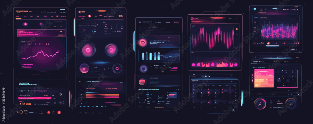 Poster futuristic data dashboard with graphs and analytics in neon colors.
