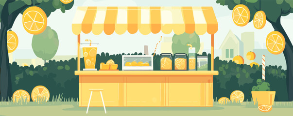 Lemonade stand in sunny garden with fresh juices and citrus decor under striped canopy.