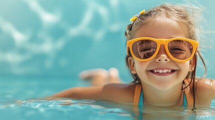 Naklejka premium Young girl is smiling and wearing sunglasses while swimming in a pool