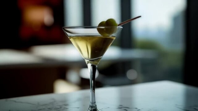 Martini seco con aceitunas servido en copa elegante con vista panor&aacute;mica de la ciudad