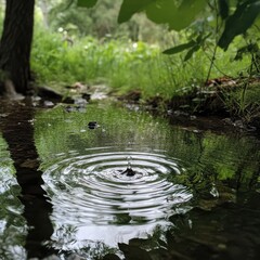 Naklejka premium Tranquil Water Ripples and Nature in Bright Green Surroundings