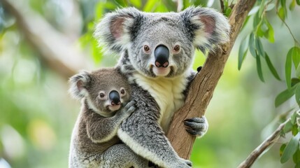 Koala mother and joey in a tree.  Possible use wildlife, nature, conservation, education