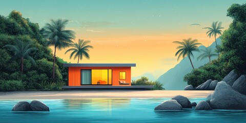 Modern tropical house surrounded by lush greenery with scenic ocean view, palm trees, and vibrant sunset colors creating a peaceful atmosphere.