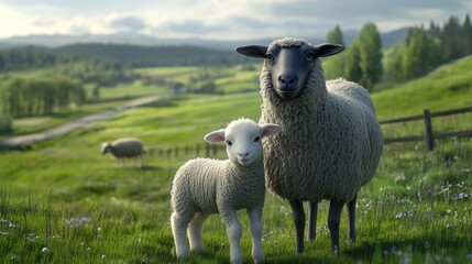 Fototapeta premium Sheep mother and lamb in a rural landscape. Possible use stock photo