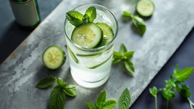 C&oacute;ctel refrescante de pepino y lima con hojas de menta en vaso alto
