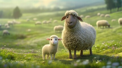 Naklejka premium Animated sheep mother and lamb in a meadow
