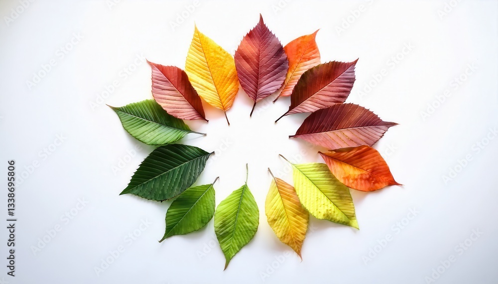 Poster circle of autumn transformation: gradient of seasonal leaf color change from green to red in artisti