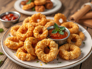 A mouthwatering plate of crispy onion rings with a vibrant red dipping sauce, a tempting culinary offering on a rustic wooden table.