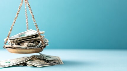 A set of scales overflowing with dollar bills rests over a vibrant turquoise background, metaphorically representing the balance of wealth, power, and financial goals.