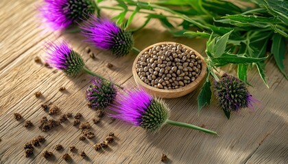 Milk Thistle Flowers and Seeds in Bowl on Rustic Wooden Table, Herbal Remedy