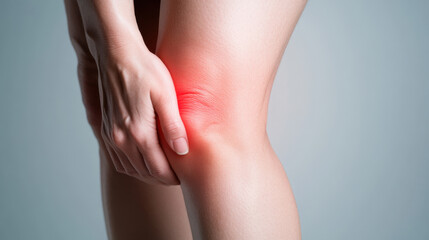 person experiencing knee pain is shown, with hand gripping knee area, indicating discomfort. image captures emotional expression of distress related to physical injury