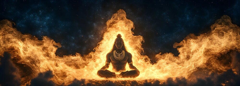 Shiva in Aghori form in a dark cremation ground, surrounded by smoky flames and mystical energy swirling across the horizon.