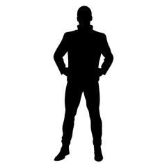 Obraz premium Silhouette of a businessman in a suit with a hat, standing and walking, representing a professional person in a shadowy illustration