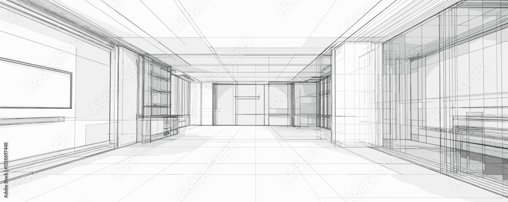 Poster modern architectural interior design concept with sketch lines and open space perspective.