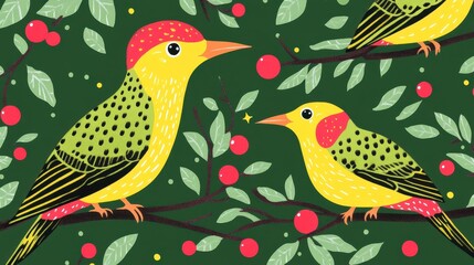 Naklejka premium Cute Birds Seamless Pattern with Green Leaves.