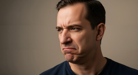 Fototapeta premium A man with a revolted expression and avoidant posture shows clear disgust while encountering something offensive.