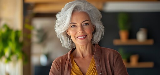 Woman with gray hair is smiling and wearing a yellow jacket