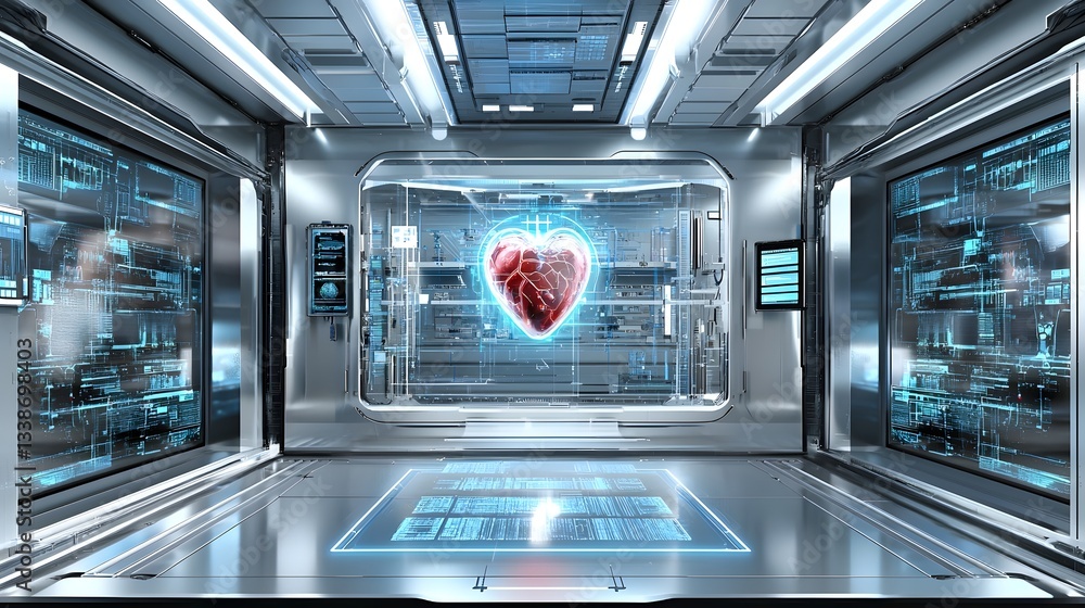 Poster futuristic circulatory system visualization ai powered 3d holographic heart display with glowing rea
