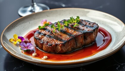 Delicious Grilled Steak on Plate with Floral Decoration and Sauce