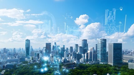 Futuristic cityscape showcasing AI powered nanotech air systems that utilize renewable energy to maintain clean indoor air circulation in modern urban structures
