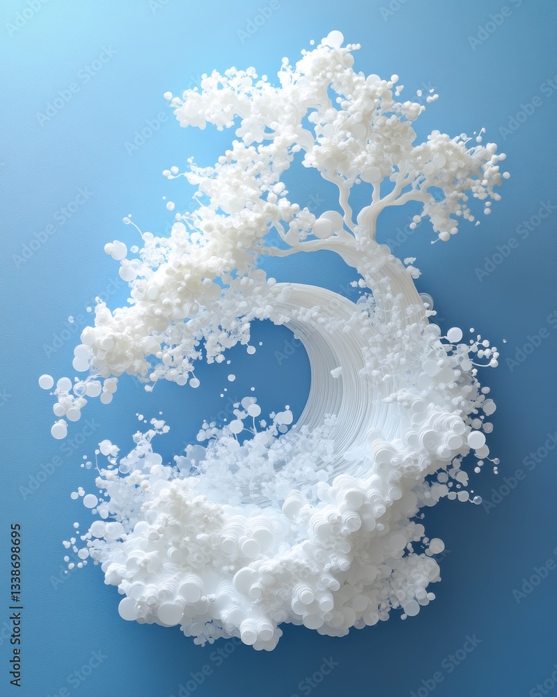 Poster artistic white tree with circular wave on blue background representing nature and abstract design