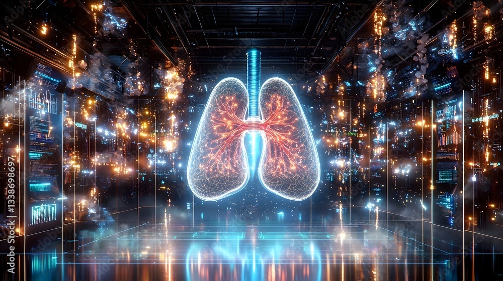 Poster futuristic cybernetic respiratory system simulation with real time ai powered holographic lung analy
