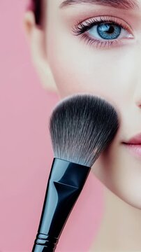 Discovering makeup techniques with brush application for flawless skin in a vertical format. Ideal for Social Media, Stories, Advertising