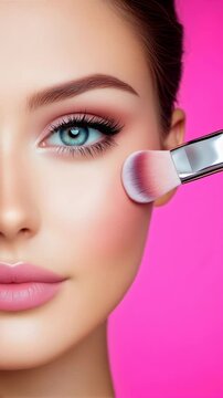 Applying makeup techniques with a brush on flawless skin for a radiant look in a colorful setting. Ideal for Social Media, Stories, Advertising