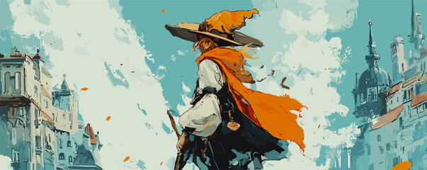 Young female witch with orange hat and cloak exploring a fantasy cityscape.