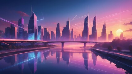 Obraz premium futuristic cityscape at sunset with a bright sun on the horizon
