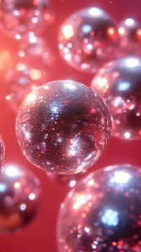 Shimmering disco balls reflecting vibrant lights in a bold and energetic atmosphere