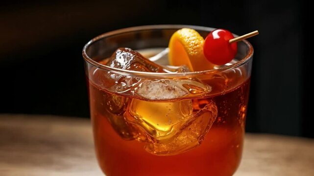 C&oacute;ctel cl&aacute;sico con hielo, rodaja de naranja y cereza en vaso bajo