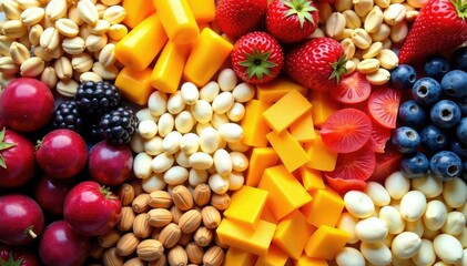 Assortment of dried fruits and grains, clean backdrop , legumes, dried fruit, color