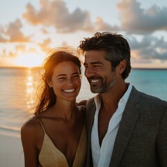 Obraz premium Smiling couple embracing on tropical beach at sunset with ocean view and cloudy sky romantic getaway vacation