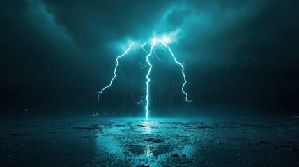 Two powerful lightning strikes hit the wet ground, reflecting light onto the surface in an electric display of nature's fury, providing a captivating snapshot of a stormy night.