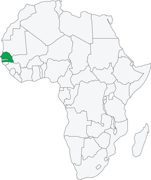 Detailed national location map of SENEGAL within the great continent of Africa