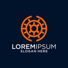 Abstract Orange Gear Logo on Dark Blue Background