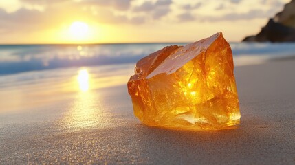 Golden amber gemstone on sandy beach at sunset captivating beauty of nature and light reflecting on the sand creating a warm and inviting atmosphere