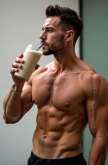 Fototapeta premium Muscular man drinking protein shake after workout
