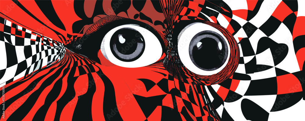 Poster abstract art with large eyes in bold red and black geometric patterns.
