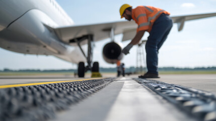 Fototapeta premium maintenance crew member inspects landing gear of aircraft runway, showcasing importance of safety and precision aviation. scene captures dedication and teamwork involved aircraft maintenance