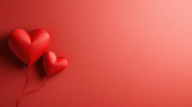 This image features two beautifully designed red heart balloons against a smooth, solid red background, evoking feelings of love and affection.