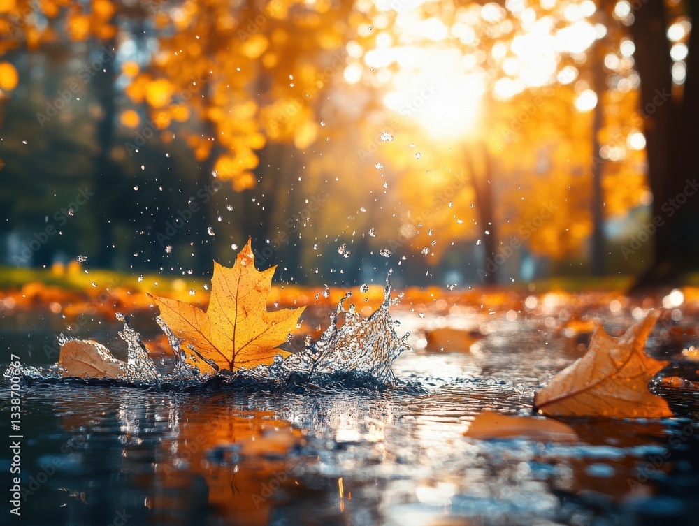 Poster golden maple leaf falling into a puddle creating a splash in an autumnal park with sunlight and colo