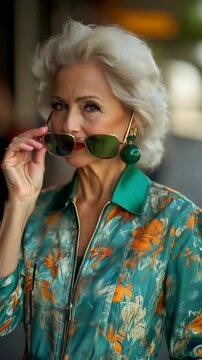 Stylish older woman in vibrant floral jacket and sunglasses posing confidently on urban street in sunny weather