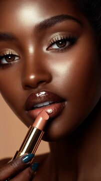 Close-up view of a person applying lipstick showcasing beauty and makeup artistry in a warm light setting. Ideal for Social Media, Stories, Advertising