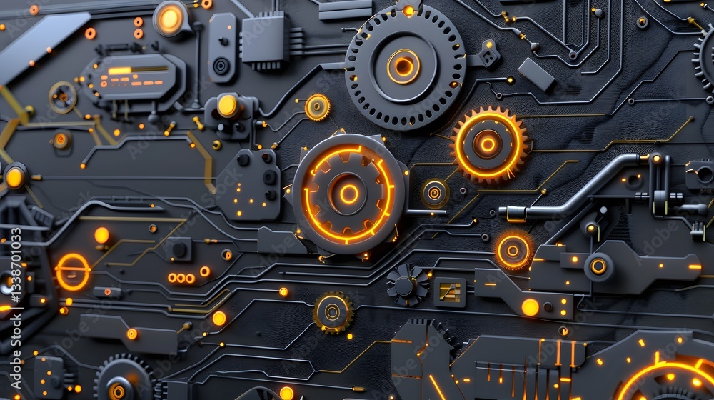 Poster seamless robotic gear and cog pattern with mechanical joints and neon lit edges showcasing an indust